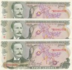 Costa Rica, 5 Colones, 1989, UNC, p236d, (Total 3 consecutive banknotes)
serial numbers: D59462531-33
Estimate: 10.-20