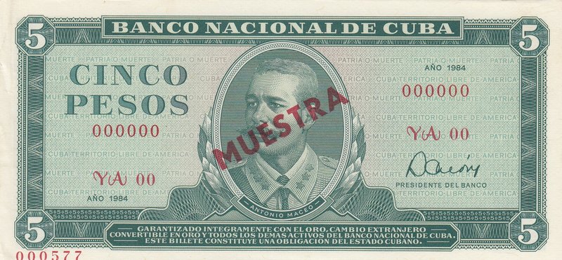 Cuba, 5 Pesos, 1984, UNC, p103c, SPECIMEN
serial number: YA 00000
Estimate: 15...