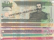 Dominican Republic, 10 Pesos, 20 Pesos, 50 Pesos, 200 Pesos, 500 Pesos and 1000 Pesos, 2002/2010, UNC, (Total 6 banknotes), SPECIMEN
Estimate: 50.-10...