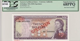 East Caribbean States, 20 dollars, 1965, UNC, p15fs, SPECİMEN, "High Condition"
PCGS 68, Queen Elizabeth II portrait, serial number: A8 00000
Estima...