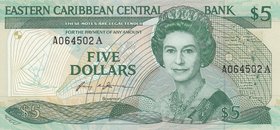 East Caribbean States, 5 Dollars, 1985, UNC, p18a
Queen Elizabeth II portrait, serial number: A 064502A
Estimate: 30-60
