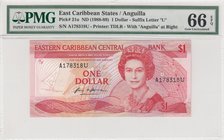 East Caribbean, 1 Dollar, 1988, UNC, p21u
Anguilla Island, PMG 66 EPQ, Queen Elizabeth II portrait, serial number: A178318U
Estimate: 40-80
