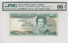 East Caribbean, 5 DollarS, 1988, UNC, p22a1
PMG 66 EPQ, Queen Elizabeth II portrait, serial number: B269477A
Estimate: 50-100