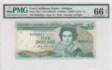 East Caribbean States, 5 Dollars, 1988, UNC, p22a1
PMG 66 EPQ, Antigua Island, Queen Elizabeth II portrait, serial number: B269450A
Estimate: 50-100