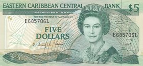 East Caribbean, 5 dollars, 1988, UNC, p22l
St Lucia Island, Queen Elizabeth II portrait, serial number: E685706L
Estimate: 25-50