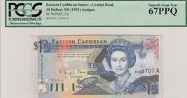 East Caribbean, 10 Dollars, 1994, UNC, p27a, "High Condition"
PCGS 67 PPQ, Queen Elizabeth II portrait, serial number: A 125701A
Estimate: 100-200