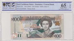 East Caribbean States, 100 Dollars, 2000, UNC, p41d
PCGS 65, OPQ, Queen Elizabeth II portrait, Dominica Islands, serial number: C 224920D
Estimate: ...