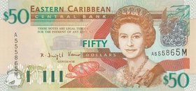 East Caribbean States, 50 Dollars, 2003, UNC, p45m
Queen Elizabeth II portrait, serial number: A555865
Estimate: 100-200