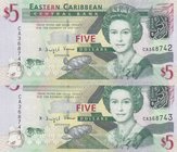 East Caribbean States, 5 Dollars, 2008, UNC, p47a, (Total 2 consecutive banknotes)
Queen Elizabeth II portrait, serial numbers: CA 368742-3
Estimate...