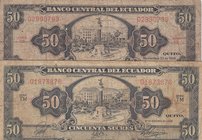 Ecuador, 50 Sucres, 1966/1988, FINE (-), p116c, p122a, (Total 2 banknotes)
Estimate: 10.-20
