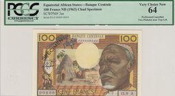 Equatorial African State, 100 Francs, 1963, UNC, p3as, SPECİMEN
PCGS 64, serial number:O.0.A00000.0044
Estimate: 400-800