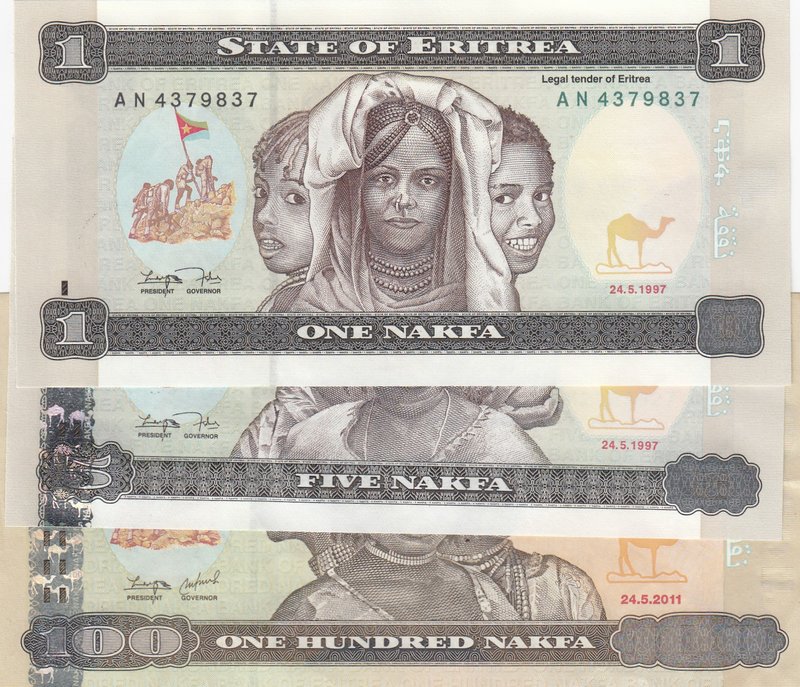 Eritrea, 1 Nakfa, 5 Nakfa and 100 Nakfa, 1997/2011, XF /UNC, (Total 3 banknotes)...