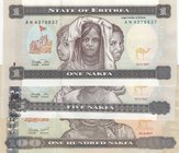 Eritrea, 1 Nakfa, 5 Nakfa and 100 Nakfa, 1997/2011, XF /UNC, (Total 3 banknotes)
100 Nakfa XFcondition, others are in UNC condition.
Estimate: 10.-2...