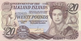 Falkland Islands, 20 Pounds, 1984, AUNC, p15a
Queen Elizabeth II portrait, serial number: A 132623
Estimate: 50-100