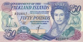 Falkland Islands, 50 Pounds, 1990, UNC, p16a
Queen Elizabeth II portrait, serial number: A 018917
Estimate: 125-250