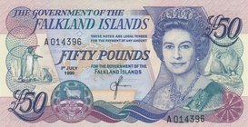 Falkland Islands, 50 Pounds, 1990, AUNC, p16a
Queen Elizabeth II portrait, serial number: A 014396
Estimate: 50-100
