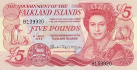 Falkland Islands, 5 Pounds, 2005, UNC (-), p17
Queen Elizabeth II portrait, serial number: B 139920
Estimate: 15-30