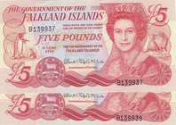 Falkland Islands, 5 Pounds, 2005, UNC (-), p17a, (Total 2 consecutive banknotes)
Queen Elizabeth II portrait, serial numbers: B 139937-8, There are c...