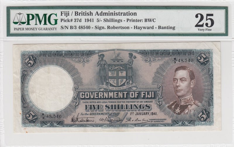 Fiji, 5 shillings, 1941, VF, p37d
PMG 25, serial number: B/3 48540
Estimate: 1...