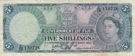 Fiji, 5 Shililngs, 1964, VF (+), p51d
Queen Elizabeth II portrait, Serial No: C/12 170726
Estimate: 25-50