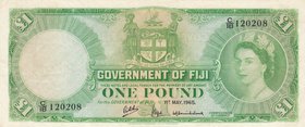 Fiji, 1 Pound, 1965, XF, p53g
Queen Elizabeth II portrait, serial number: C/18 120208
Estimate: 150-300