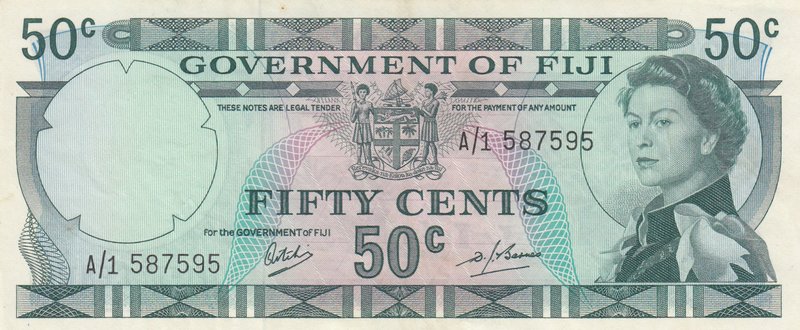 Fiji, 50 Cents, 1968, XF, p58a
Queen Elizabeth II portrait, serial number: A/1 ...