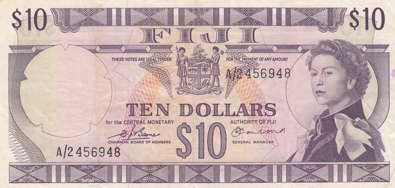 Fiji, 10 Dollars, 1974, XF, p74b
Queen Elizabeth II portrait, serial number: A/...