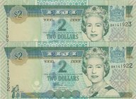 Fiji, 2 Dollars, 2002, UNC, p104a, (Total 2 consecutive banknotes)
Queen Elizabeth II portrait, serial numbers: BK 141922-3
Estimate: 10.-20