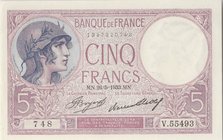 France, 5 Francs, 1933, UNC, p72e
serial number: 748.V.55493
Estimate: 30-60