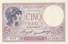 France, 5 Francs, 1933, UNC (-), p72e
serial number: 609/V.55493
Estimate: 25-50