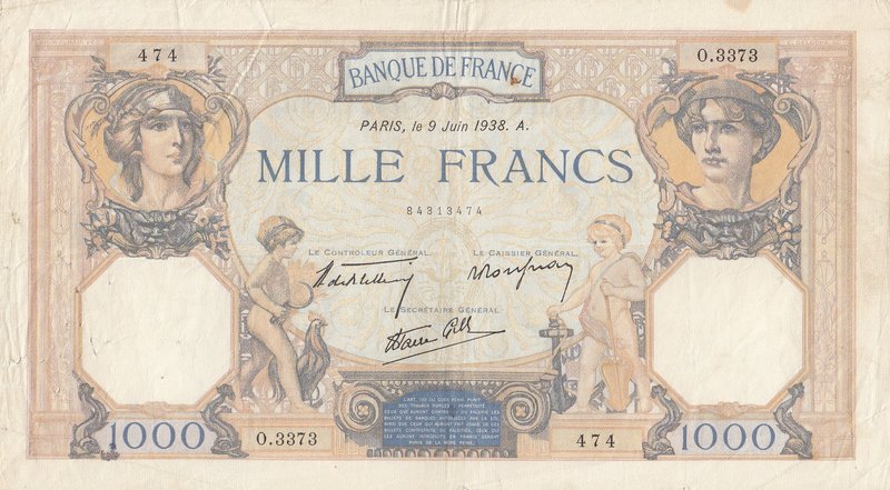 France, 1.000 Francs, 1938, VF (-), p90c
serial number: O.3373.474
Estimate: 3...