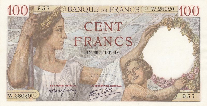 France, 100 Francs, 1942, UNC, p94
serial number: W.28020/957
Estimate: 50-100