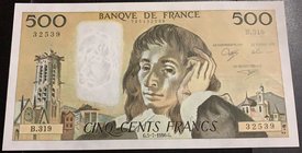 France, 500 Francs, 1990, UNC, p156g
serial number: B.319 32539, Portrait of Blaise Pascal, Signature: D.Ferman, B.Dentaud and A.Charriau
Estimate: ...