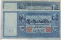 Germany, 100 Mark, 1910, VF / AUNC, p42, (Total 2 banknotes)
serial numbers: F.3338076 and E.5342405, one of the banknotes is VF, the other one is in...