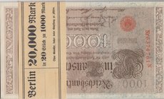 Germany, 1.000 Mark, 1910, UNC, p44, (Total 20 consecutive banknotes)
serial number: 9637841M- 60M, 7 digit
Estimate: 75-150