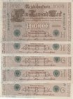 Germany, 1.000 Mark, 1910, UNC, p44b, (Total 5 banknotes)
serial numbers: 1222126D- 27D, 8748624D -25D and 0856616E
Estimate: 75-150
