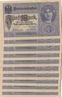 Germany, 5 Mark, 1917, UNC, p56b, (Total 10 consecutive banknotes)
serial numbers: Z 10762788-97
Estimate: 100-200