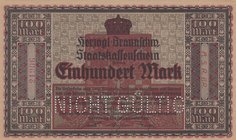 Germany, 100 Mark, 1918, UNC, Braunschweig/Nicht Gültig
serial number: 21906
Estimate: 10.-20
