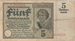 Germany, 5 Rentenmark, 1926, VG (+), p169
serial number: U 0846236, Portrait of Farm Girl
Estimate: 30.-60