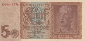 Germany, 5 Mark, 1942, AUNC, p186a
serial number: K 19849736, the product does not fold, but there is an ink stain on the photo and a very small tear...