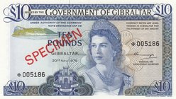 Gibraltar, 10 Pounds, 1975, UNC, p22a, SPECIMEN
Queen Elizabeth II portrait, serial number: *005186
Estimate: 50-100
