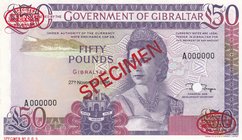 Gibraltar, 50 Pounds, 1986, UNC, p26, SPECIMEN
Queen Elizabeth II portrait, serial number: A 00000, there is a small sticking stain on the right bord...