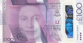 Gibraltar, 100 Pounds, 2015, UNC, p40
Queen Elizabeth II portrait, polymer, serial number: C 001007
Estimate: 150-300