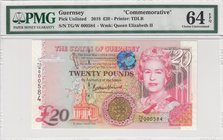 Guernsey, 20 Pounds, 2018, UNC
PMG 64 EPQ, Queen Elizabeth II portrait, serial number: TG/W 000584, Commemorative Issue
Estimate: 50-100