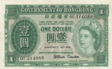 Hong Kong, 1 Dollar, 1959, XF, p324Ab
Queen Elizabeth II Portrait at right, Serial No: 6G 514089
Estimate: 20-40