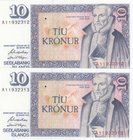 Iceland, 10 Kronur, 1981, UNC, p48, (Total 2 consecutive banknotes)
serial numbers: A11 932311-12
Estimate: 10.-20