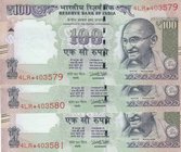 India, 100 Rupees, 2014, UNC, p105, REPLACEMENT, (Total 3 consecutive banknotes)
star, serial numbers: 4LR*403579-81
Estimate: 15-30