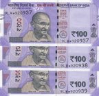India, 100 Rupees, 2018, UNC, pNew, REPLACEMENT, (Total 3 consecutive banknotes)
star, serial numbers: 9LW*920937-39
Estimate: 15-30