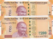 India, 200 Rupees, 2017, UNC, pNew, REPLACEMENT, (Total 2 banknotes)
star, serial numbers: 5GK*189773 and 5GK*189781
Estimate: 15-30
