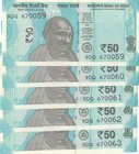 India, 50 Rupees, 2018, UNC, pNew, (Total 5 consecutive banknotes)
serial numbers: 9DQ 670059-63
Estimate: 10.-20